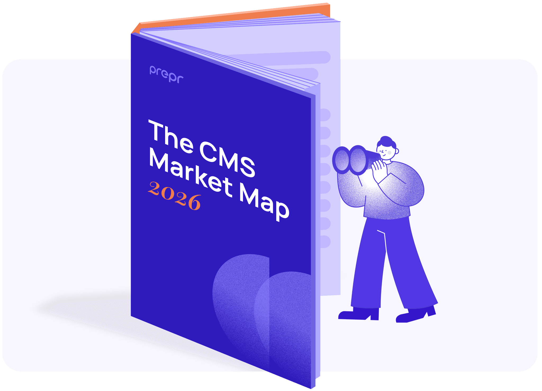 The CMS Market Map 2026 is a stylised digital illustration featuring a large three-dimensional report with a small prepr logo, lavender pages, orange accents, and overlapping circular graphics, accompanied by a purple-and-white figure looking through binoculars to suggest market research. The composition sits against a pale rounded rectangle background in a clean, modern visual style.