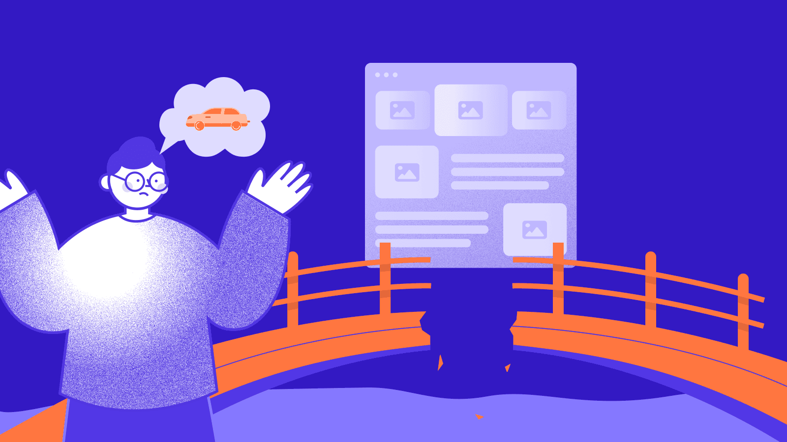 Illustration of the conversion gap: a marketer thinks about buying a car but faces a generic website, symbolizing the need for website personalization.