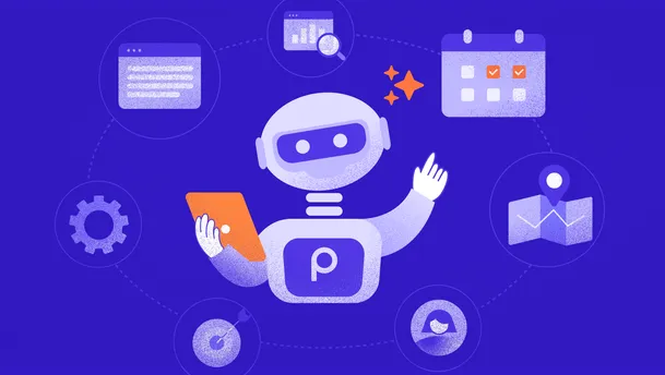 Prepr’s AI assistant illustration. It depicts a stylised white-and-purple robot holding an orange tablet and waving, surrounded by connected workflow icons—text, analytics, calendar, map, user, target, and settings—suggesting automated coordination of content, analysis, scheduling, and personalisation.