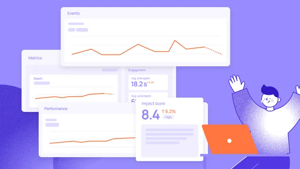 Events: an analytics dashboard scene features overlapping panels with orange line charts, including a prominent “Events” panel showing fluctuations and a projected decline, alongside other panels and a cheerful person with a bright orange laptop, all set against a purple background.