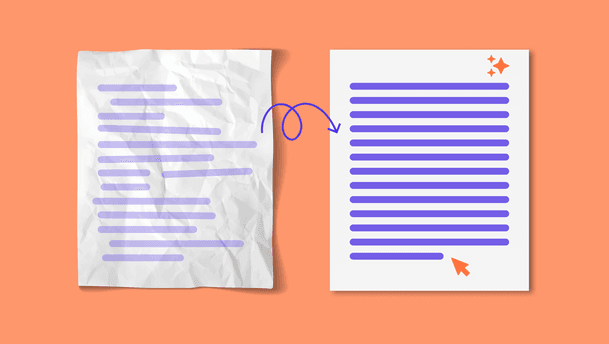 Before and after editing concept: a two-page illustration on a warm peach background shows a crumpled off-white sheet with purple scribbles transitioning to a neat white page with evenly spaced bold purple lines, linked by a curved purple arrow and accented by a sparkle and an orange cursor to suggest digital refinement.