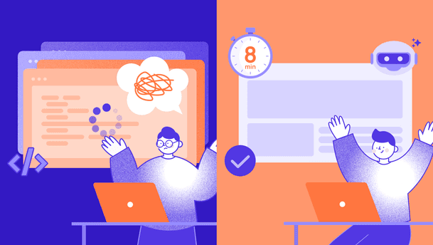 From tangled process to polished result: a split-screen illustration contrasts two website-building stages, with the left showing a person at a desk in front of a laptop amid code-like lines and confusion, and the right depicting a cleaner layout, AI-assisted progress, and a celebratory figure.