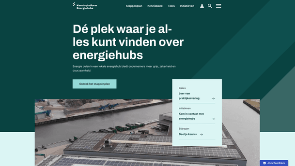 Kennisplatform Energiehubs — a Dutch-language landing page featuring a dark teal header with the site logo, a large white headline about finding everything on energy hubs, and a hero panel with sections for Cases, Initiatieven, and Bijdragen, over a banner image of an industrial waterfront with solar panels on a large roof. The layout highlights navigation, a call-to-action button, and a blue feedback tab in the corner.