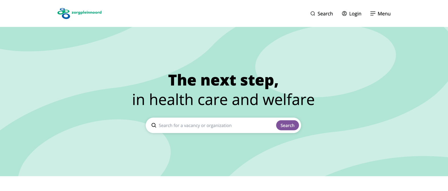 ZorgpleinNoord healthcare job platform homepage with search for vacancies and organizations, helping professionals find opportunities in Northern Netherlands.