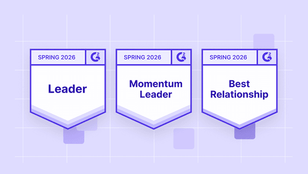 G2 Spring 2026 awards badges: three shield-shaped plaques arranged left to right, each with a white face and purple outline, top strip reading âSPRING 2026,â a small G2 logo, and bold dark purple titles âLeader,â âMomentum Leader,â and âBest Relationship.â