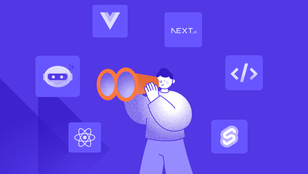 Illustration of a developer looking through binoculars surrounded by icons for React, Vue, Next.js, Svelte, AI tools, and code symbols, representing frontend development trends for 2026.