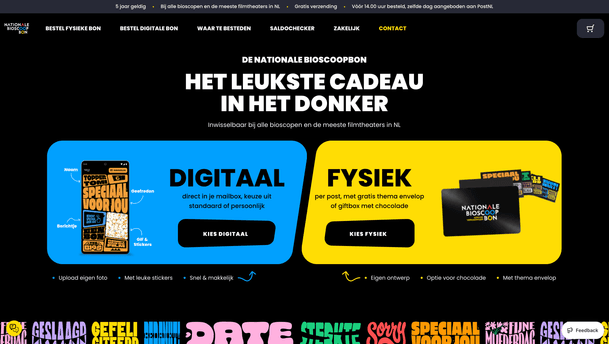 Nationale Bioscoopbon screen: The page presents a Dutch site offering a cinema gift voucher with two selectable options, digitally or physically, featuring descriptive panels, a central headline stating it as a gift in the dark, and customizable message elements.