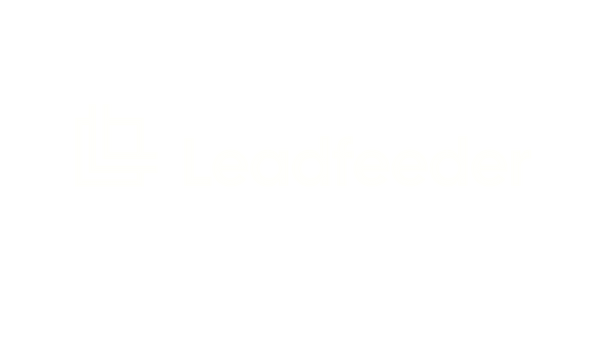 Leadfeeder: a minimalist black-and-white brand logo on a solid black background, featuring a white geometric icon composed of three nested right-angled outlines forming a stylised “L” alongside the word “Leadfeeder” in large, bold, rounded white lettering.