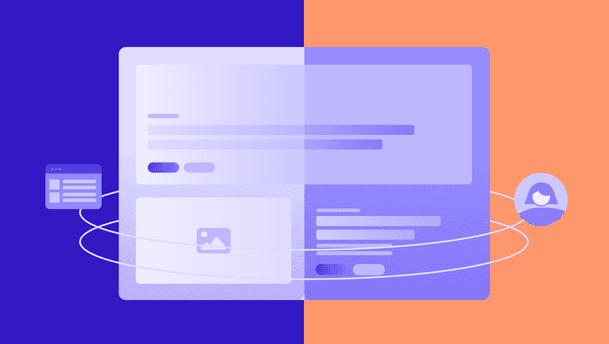 App window or dashboard panel. A minimalist flat illustration shows a large rounded-rectangle interface in pale lavender spanning a split blue-purple left and soft orange right background, with simplified UI elements and a small image-placeholder, plus a floating web-card on the left and a circular user-avatar icon on the right, connected by thin curved lines suggesting flowing, real-time content.