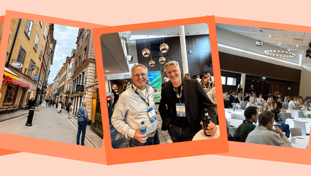 “DELEGATE” badges: a collage frame recap of an event. The left panel depicts a daytime street scene with narrow pedestrian lanes and older buildings, the center panel shows two middle-aged men in conference networking area wearing delegate badges, and the right panel presents a busy conference room with delegates seated at round tables facing a speaker area.
