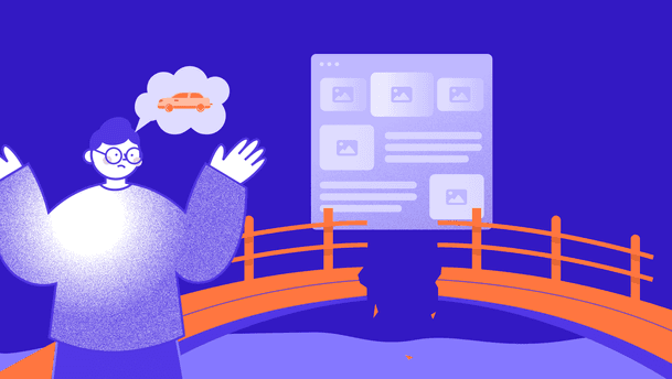 Illustration of the conversion gap: a marketer thinks about buying a car but faces a generic website, symbolizing the need for website personalization.
