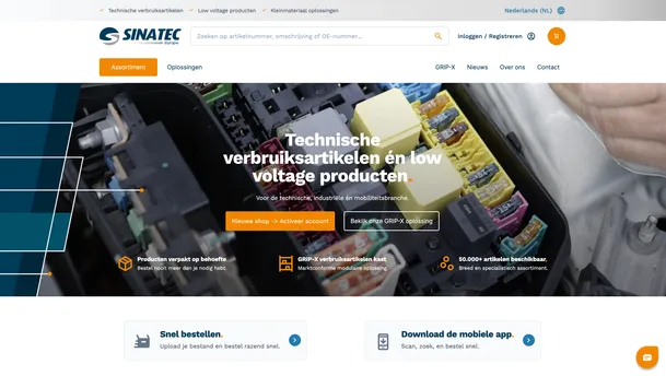 SINATEC Europe homepage – It presents a Dutch-language online catalogue for technical consumables and low-voltage products, featuring a hero banner with a close-up of an electrical fuse/relay box, the headline Technische verbruiksartikelen én low voltage producten, and call-to-action buttons for account activation and viewing the GRIP-X solution.